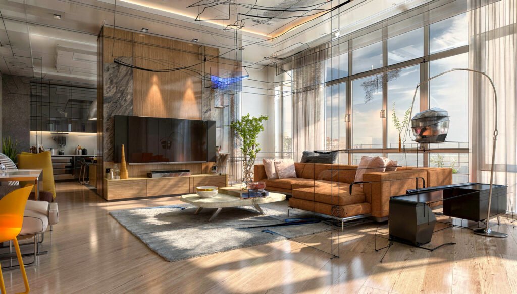 freepik 3d a modern living room with a red sofa and a larg 3286